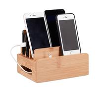 Relaxdays 10022191 Station de Charge Bambou, Support Téléphone 6 Appareils, Boîte de Rangement Câbles en Bois, 9x17x13cm, Nature, Naturel, Standard