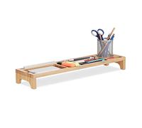 Relaxdays 10022197 Organiseur de Bureau en Bambou 7 Cases Creux Câbles Pot à Crayons Support Écran Smartphone & Tablette, Nature, Standard