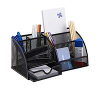 Relaxdays 10022481_46 Organiseur de Bureau stylos Lettres Porte Bloc-Notes Maille métal 6 casiers, Noir, 12,5 x 27,5 x 14 cm