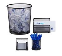 Relaxdays 10022498_46 Set 4 Fournitures Bureau Métal Organiseur Trieur à Courrier Bloc-Notes Pot à Crayon Corbeille à Papier, Noir, Standard