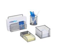 Relaxdays 10022501_55 Ensemble Accessoires 4 pièces Organiseur Bureau métal Maille Bloc-Notes stylos Porte-courrier, argenté, Silber, 14,5 x 17,5 x 13,5 cm