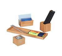 Relaxdays 10022773 Organiseur de Bureau, Rangement Table par Lot de 4, Pot à Crayon, courrier, Porte-Cartes, Bambou, Nature