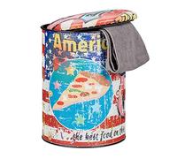 Relaxdays 10022868_492 Tabouret cylindre Pizza couvercle Pouf vintage avec rangement coffre jouets enfants HxD: 44 x 32 cm, coloré, PVC, métal, Taille Unique