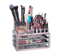 Relaxdays 10023130_1015 Organisateur cosmétiques 2 Parties boîte Rangement Maquillage Make up 12 Porte-Crayons, Rose rayé, Acrylique, 19 x 24 x 13,5 cm