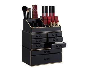Relaxdays 10023135_1098 Boîte rangement maquillage Make up organisateur cosmétiques tiroirs compartiments, noir-doré, acrylique, Taille Unique