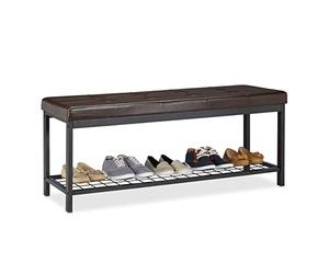Relaxdays 10023311_93 Banc Range-chaussures XXL Ouvert Coussin moelleux Similicuir Support Grillage Métal 49x115x40cm Marron, Cuir, HLP 49 x 115 x 40 cm