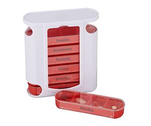 Relaxdays 10023633_358 Pilulier 7 jours 4 compartiments anglais boîte médicaments semainier matin midi soir nuit, blanc rouge, Plastique, 13 x 11,5 x 4,5 cm