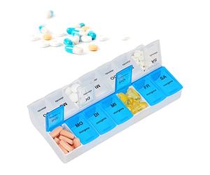 Relaxdays 10023636 Pilulier 7 jours 2 compartiments boîte médicaments semainier matin soir comprimés, blanc bleu, 3 x 18,5 x 9,5 cm