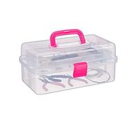 Relaxdays 10024158_52 Boîte en plastique transparente, 9 compartiments pour petits objets, Poignée, HLP 14x33x19 cm, rose, 14 x 33 x 19,5 cm