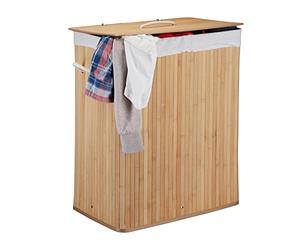 Relaxdays 10024382_126 Corbeille Bambou Panier à Linge 2 Compartiments Coffre Pliable Couvercle 100 litres, Nature, Naturel, 63 x 52 x 33 cm