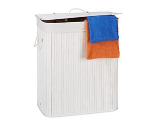 Relaxdays 10024382_49 Corbeille Bambou, Panier à Linge 2 Compartiments, Coffre Pliable Couvercle 95 litres, Blanc, 63 x 52 x 33 cm