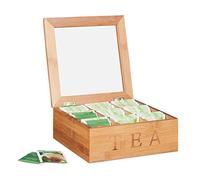 Relaxdays 10024614 Boîte Bambou, fenêtre visualisation, Coffret à thé, Bois, 9 Compartiments, HLP 8,5 x 22 x 22 cm, Nature
