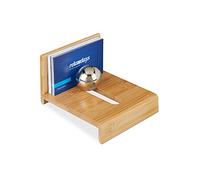 Relaxdays 10024618 Support pour Cartes de Visite avec Boule, 1 Compartiment, Accessoire de Bureau, Rangement Bambou, Naturel, Fer, Nature, 1 élément
