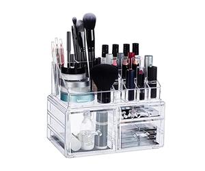 Relaxdays 10024645_50 Organiseur à Maquillage 3 Tiroirs Rangement Cosmétiques Vernis à Ongles Rouge à Lèvres Acrylique Transparent, HLP 18,5 x 23,5 x 14 cm