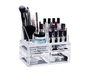 Relaxdays 10024646_50 Organiseur Maquillage 4 Tiroirs Support Cosmétiques Rouge à Lèvres Vernis à Ongles Acrylique Transparent, Résine, Standard