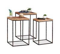 Relaxdays 10024711 basse lot d’appoint carrées, Table chevet 3 tailles, Métal et bois de manguier, marron/noir, fer, 3