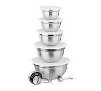 Relaxdays 10024713 Set de Cuisine Bol mélangeur 5X saladier avec Couvercle en INOX 18 pièces cuillère doseur, Argent Blanc