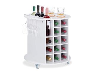 Relaxdays 10025020 Etagère vin, design, à roulettes, 17, Porte-bouteilles, rond, HxD : 56 x 54cm, blanc, MDF, plastique, 1 élément