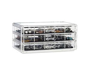 relaxdays 10025095_50 Organiseur de Maquillage, Make-Up, 3 tiroirs, Rangement cosmétique, boîte, Acrylique, Bijoux, Transparent