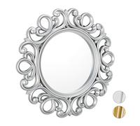 Relaxdays 10025533_55 Miroir rond, Décoration murale pour toutes les pièces, avec cadre, Ornement, ∅ 50 cm, argenté, PP, verre, carton, 50 x 50 x 3 cm