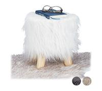Relaxdays 10025735_49 Tabouret fausse fourrure poils pouf 4 pieds bois, blanc, 31 x 31 cm