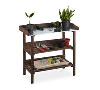 relaxdays Plantes, Plaque métallique, Table de dépotage avec rangements, Bois, 86 x 92 x 41 cm, Marron, Brun foncé