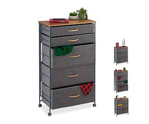 relaxdays 10026619_491 Armoire roulettes, Tiroirs en Tissu, Commode décorative, Plaque Effet Bois,HlP:96,5x58x30cm Gris, Acier, Polyester, MDF, 5 x 58 x 30 cm