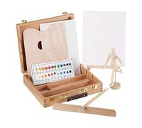 Relaxdays 10026740_1053 Coffret de Peinture,22 pièces Set Peintre,Bois Mannequin,Palette de mélange, Pinceau, chevalet, Toile,Couleurs, d’Orme, Naturel, 30,5 x 32 x 7,5 cm