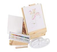 Relaxdays 10026741_1053 Mallette de Peintre,Gros Set pour Artiste,Chevalet Pliable avec 2 Toiles, Crayons Mine en pin Naturel, Bois, Tissu, Acrylique, Nature, 13,5 x 32,5 x 45 cm