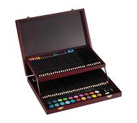 Relaxdays 10026743_469 Malette de coloriage 73 pces, Set pour dessin, Jeu couleur, taille crayon, gomme, bordeaux, bois, plastique, 5 x 38,5 x 29,5 cm
