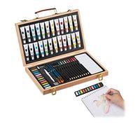 Relaxdays 10026746_1055 Coffret pour Peinture, avec 56 pièces, Gomme et aiguisoir, en Bois, Crayons à Mine et Couleur,Aquarelle, métal, Nature, 27 x 37 x 5 cm