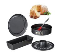 Relaxdays 10027276, anthracite Set de 5 pièces, 4 gâteaux, moule rectangle, à charnières, kouglof, à tarte, pinceau
