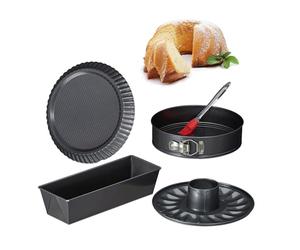 Relaxdays 10027276, anthracite Set de 5 pièces, 4 gâteaux, moule rectangle, à charnières, kouglof, à tarte, pinceau