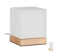 Relaxdays 10027473_615 Lampe de Table Salon et Chambre à Coucher, en Bois et Verre Opale, E14, veilleuse, Cube, Nature, Blanc-Brun, 15 x 12 x 12 cm