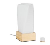 Relaxdays 10027473_617 Lampe de Table Salon et Chambre à Coucher, en Bois et Verre Opale, E14, veilleuse, Prisme, Nature, Blanc-Brun, 24 x 10 x 10 cm