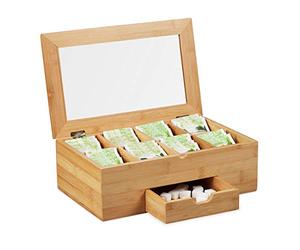 Relaxdays 10027481 Boîte fenêtre Coffret à thé Bois 8 Compartiments Couvercle tiroir aromes, HxlxP 11x33x20 cm, Nature