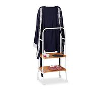 Relaxdays 10027499 Valet de chambre, serviteur, portant, roulettes, 2 surfaces, serviettes, métal bambou, 129x42x32 cm, blanc, acier, plastique, 1