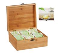 Relaxdays 10027597 Boîte Bambou, Coffret, 72 sachets thé, Couvercle, 6 Compartiments, HxlxP: 9,5 x 22 x 18,5 cm, Nature