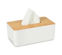 Relaxdays 10027743 Boîte à mouchoirs, Distributeur lingettes Salle de Bains, Plastique, Bambou, HLP 10 x 23 x 13 cm, Nature, Blanc/Marron, Taille Unique