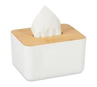 Relaxdays 10027746 Boîte à mouchoirs, Distributeur lingettes Salle de Bains, Plastique, Bambou, HLP 10 x 17 x 13 cm, Nature, Blanc/Marron, 1