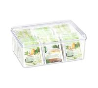 Relaxdays 10027797 Boîte, Coffret, 90 sachets thé, Couvercle, 6 Compartiments, HxlxP: 9 x 21,5 x 14,5 cm, Transparent