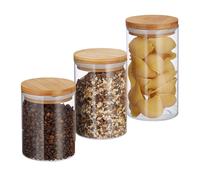 Relaxdays 10027993 Vorratsdosen Glas Boîtes de Stockage en Verre, Jeu de 3, Tailles 500, 700, 1000 ML,pâtes, Riz, céréales, Café, D 9,5 cm, Bambou