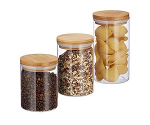 Relaxdays 10027993 Vorratsdosen Glas Boîtes de Stockage en Verre, Jeu de 3, Tailles 500, 700, 1000 ML,pâtes, Riz, céréales, Café, D 9,5 cm, Bambou