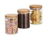Relaxdays 10027994 Vorratsdosen Glas Boîtes de Stockage en Verre, Jeu de 3, Tailles 600 ML,pâtes, Riz, céréales, Café, D 5 cm, Bambou