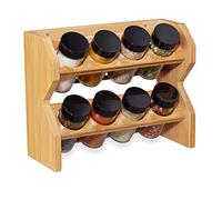 Relaxdays 10028824 Étagère Bambou, 8 Pots Verre, Présentoir à épices, Organiseur 2 étages, Rangement, Nature