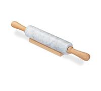 Relaxdays 10028837_49, blanc rouleau à pâtisserie en marbre, Poignées en bois, Cuisinier et pâtissier, Avec support, lourd