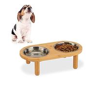 Relaxdays 10028855 écuelle pour Petits Chiens, 2 gamelles de 300 ML, surélevé, Bambou & Acier, 9,5x34,5x18 cm, Naturel, argenté, Bambou, INOX, Nature, 1 élément