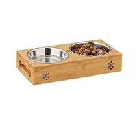 Relaxdays Gamelle double pour chiens 10028859 – 2 x 300 ml Bambou & inox