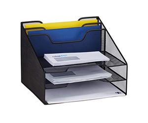 Relaxdays 10028951_46 Rangement, organiseur de table avec 5 compartiments, porte-documents, Mesh, 24x32x29 cm, noir, acier, 1 Support
