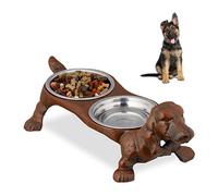 Relaxdays 10028993 Gamelle pour Chien Fonte de Fer antiquité Eau Croquette Nourriture Bol INOX, 200 ML, HLP 14x43x20,5 cm, Brun, Marron, Double écuelle